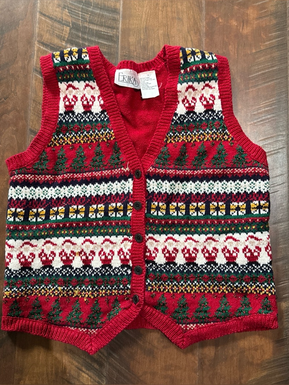 Erika Red Multicolor Fair Isle V-Neck Sweater Vest Santa Holiday